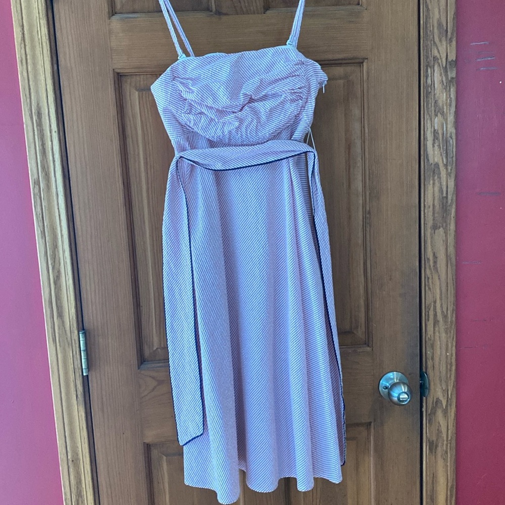 Women's adorable Strapless (with detachable straps) red/white Seersucker dress